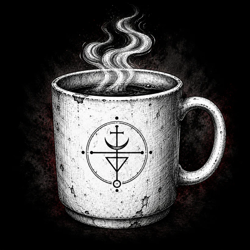 A worn school mug filled with steaming coffee